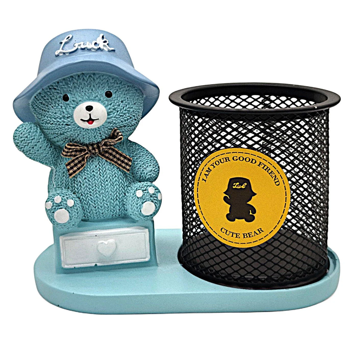 AKDC Mesh Pen Holder with 3D Teddy Bear Figurine – Blue Edition