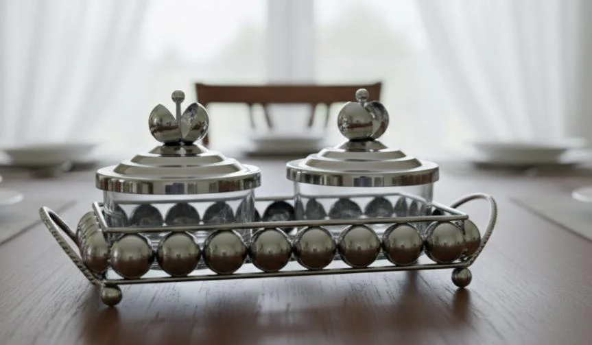 AKDC Metal and Glass 2pcs Candy Bowl Set 25.5cm*11cm*12cm, Silver