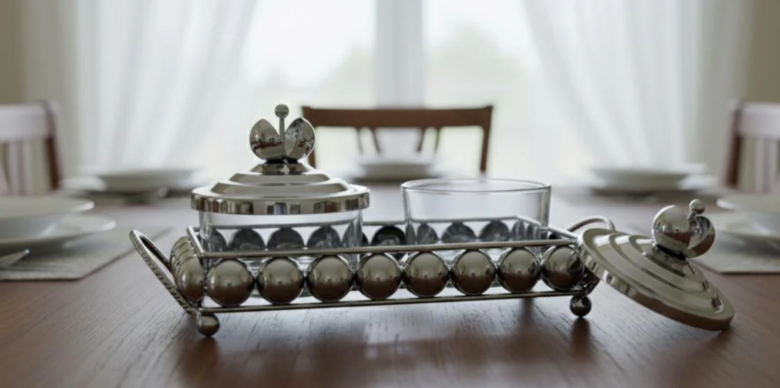 AKDC Metal and Glass 2pcs Candy Bowl Set 25.5cm*11cm*12cm, Silver - Image 2