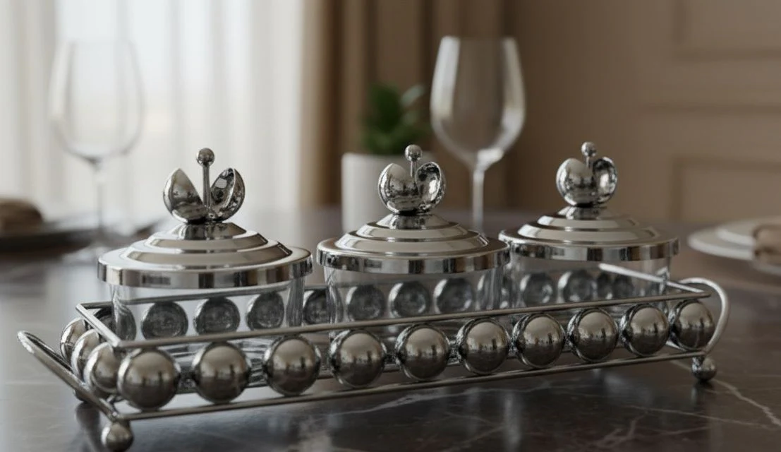 AKDC Metal and Glass 3pcs Candy Bowl Set 37cm*10cm*11.5cm, Silver