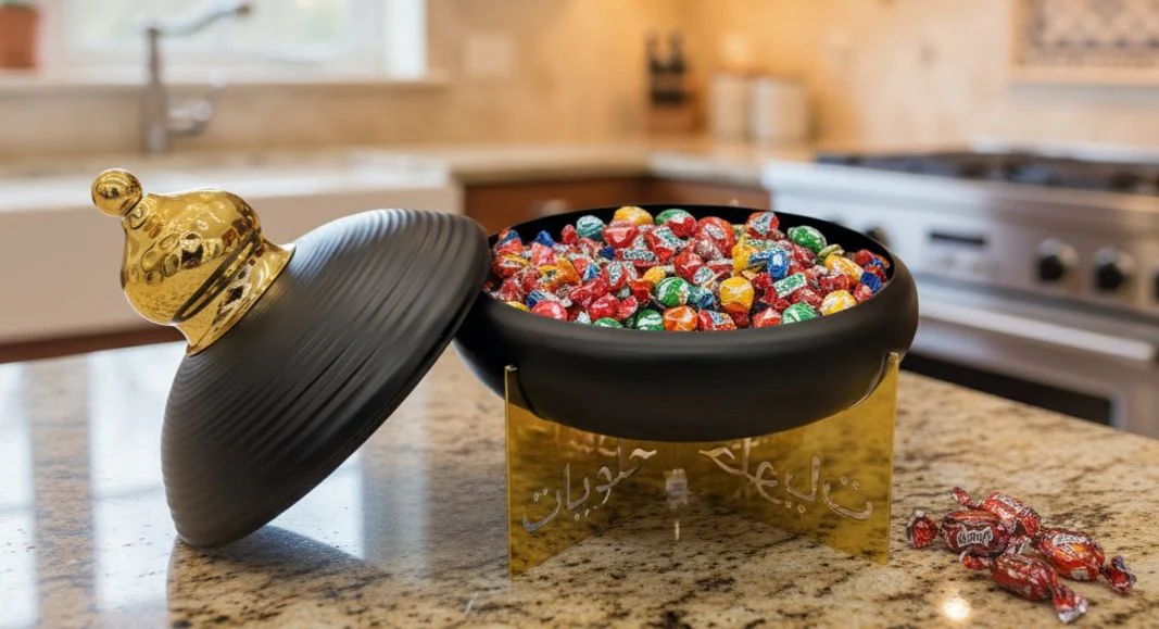AKDC Metal Candy Bowl with Lid and Stand 16cm*21.5cm, Black/Gold - Image 2