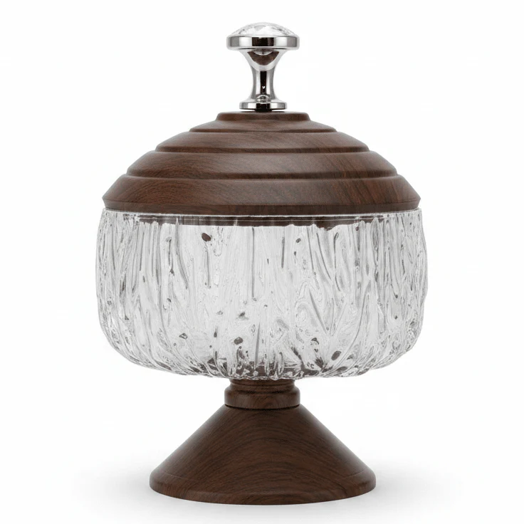AKDC Metal Footed Acrylic Elegant Candy Jar with Brown Lid Decorative Serving and Storage Container 15 × 13 cm