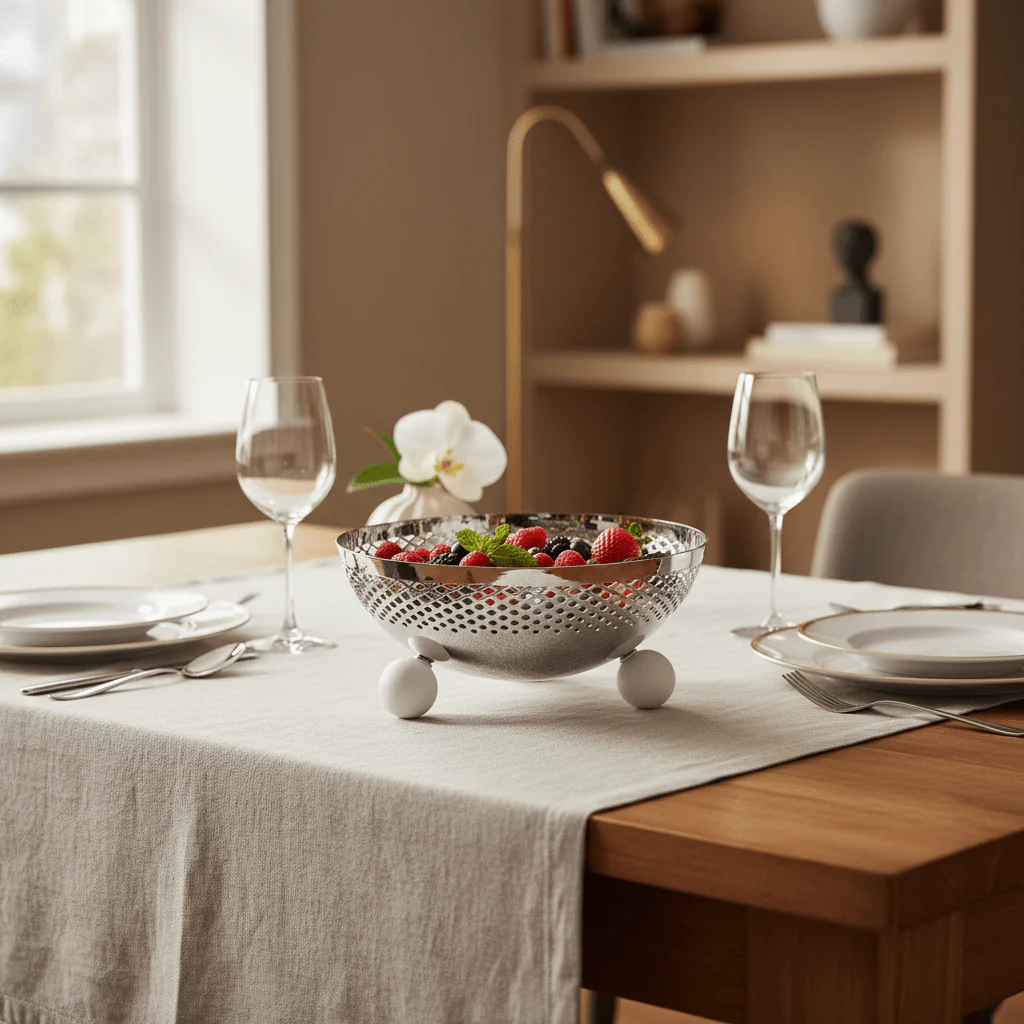 AKDC Metal Fruit & Candy Bowl – Premium Silver Finish, Multipurpose Decorative Serving Bowl, 20 × 9 cm - Image 2