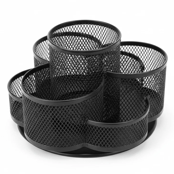 AKDC Metal Mesh Pen Holder & Desk Organiser – Black | 5-Compartment | 10.5 cm