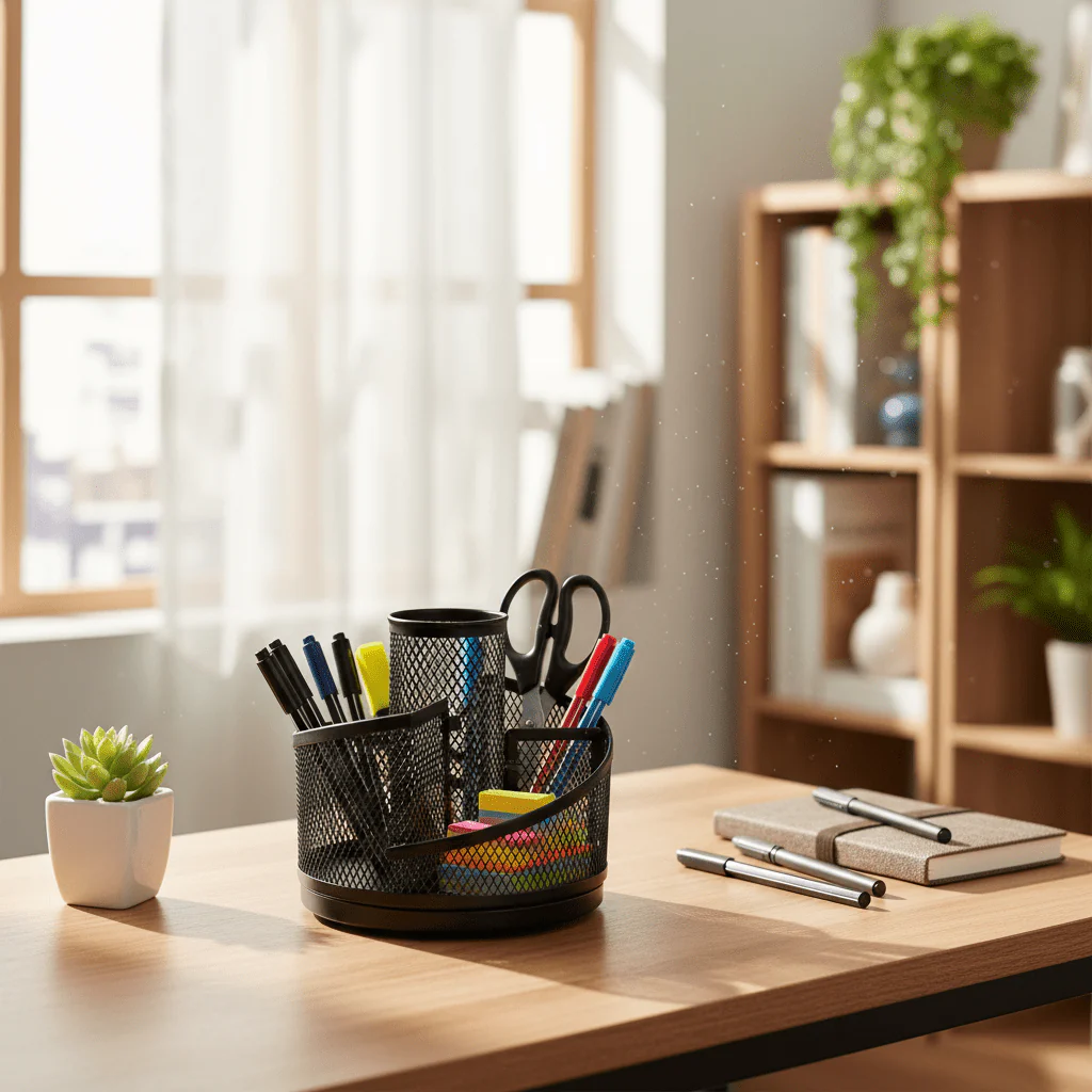 AKDC Metal Mesh Rotating Desk Organiser – Black | Multi-Compartment Pen & Stationery Holder | 13.5×12 cm - Image 2