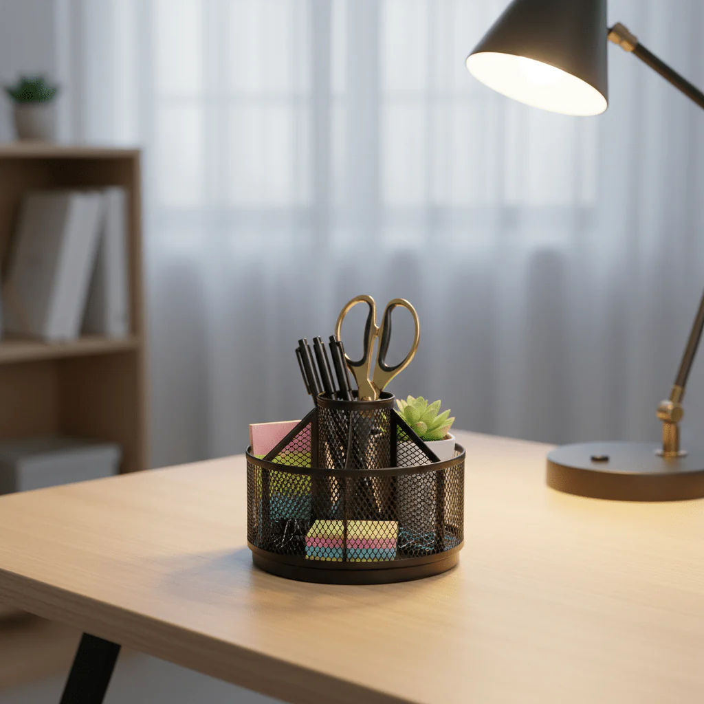 AKDC Metal Mesh Rotating Desk Organizer & Pen Holder – Black | 13 cm - Image 2