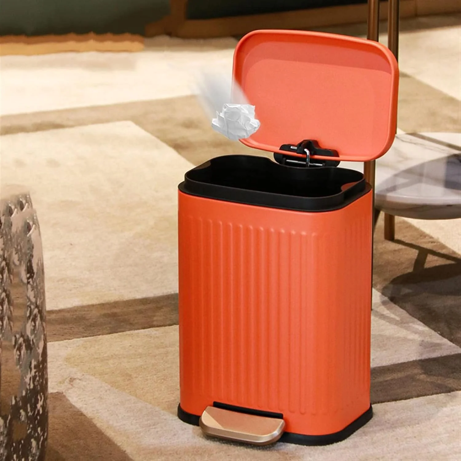 AKDC Metal Push Lid Dustbin Household Kitchen Living Room Trash Can Pedal Double-Layer Garbage Can Trash Can Papelera-6Liter-Orange - Image 2