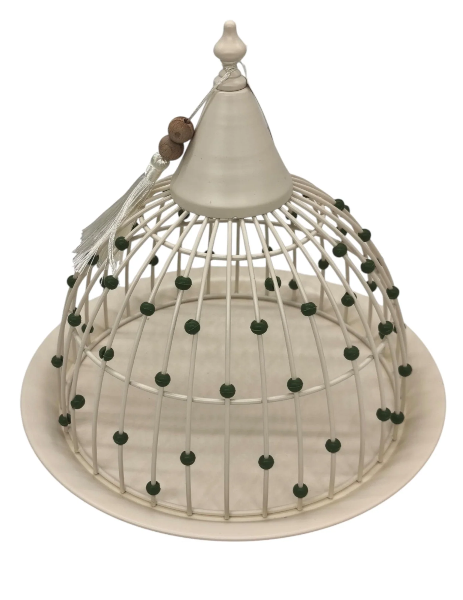 AKDC Metal Round Candy Tray with Lid 35cm*30cm, White with Green Beads