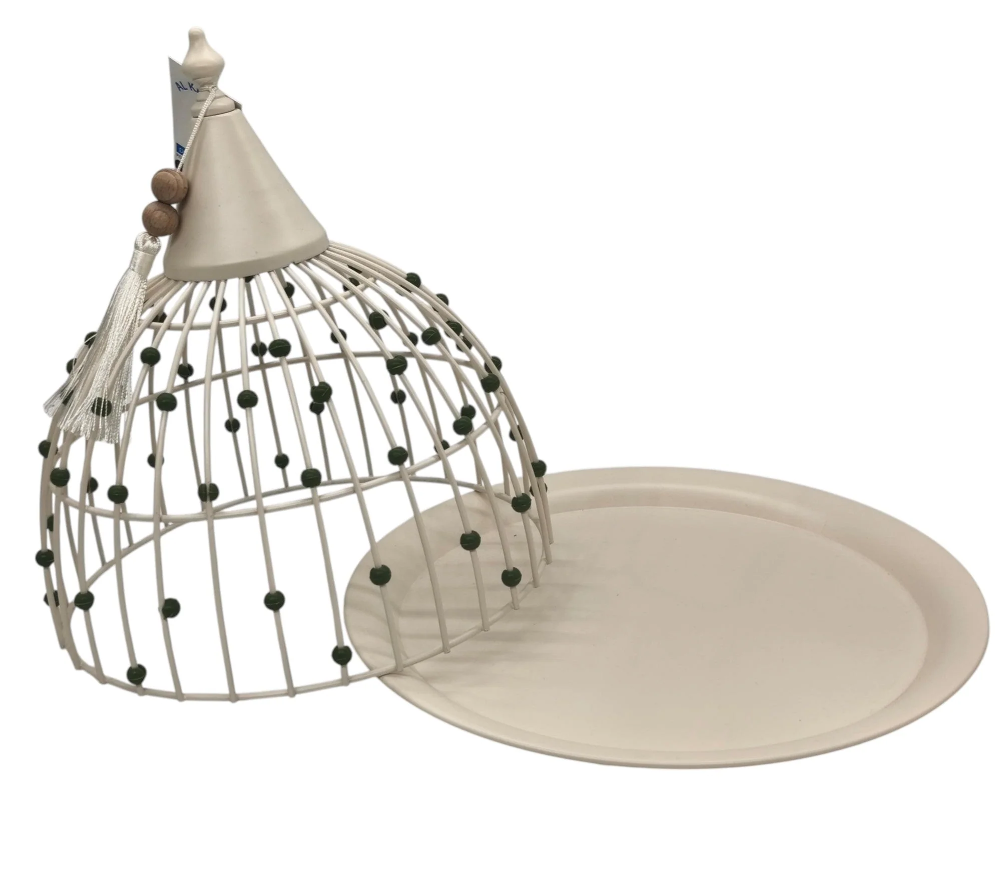 AKDC Metal Round Candy Tray with Lid 35cm*30cm, White with Green Beads - Image 2
