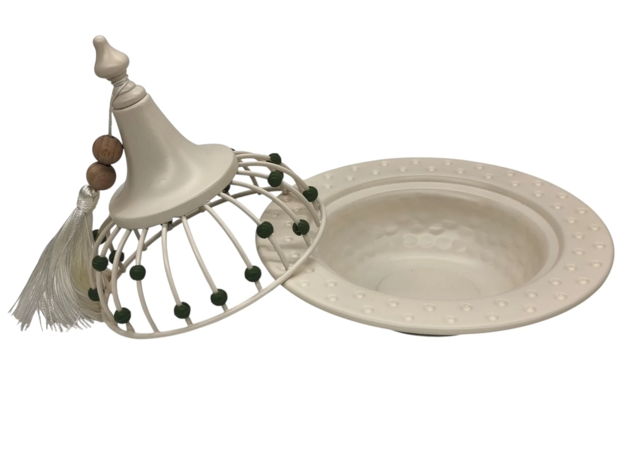 AKDC Metal Tajine with Lid 18cm*18cm, White with Green Beads - Image 2