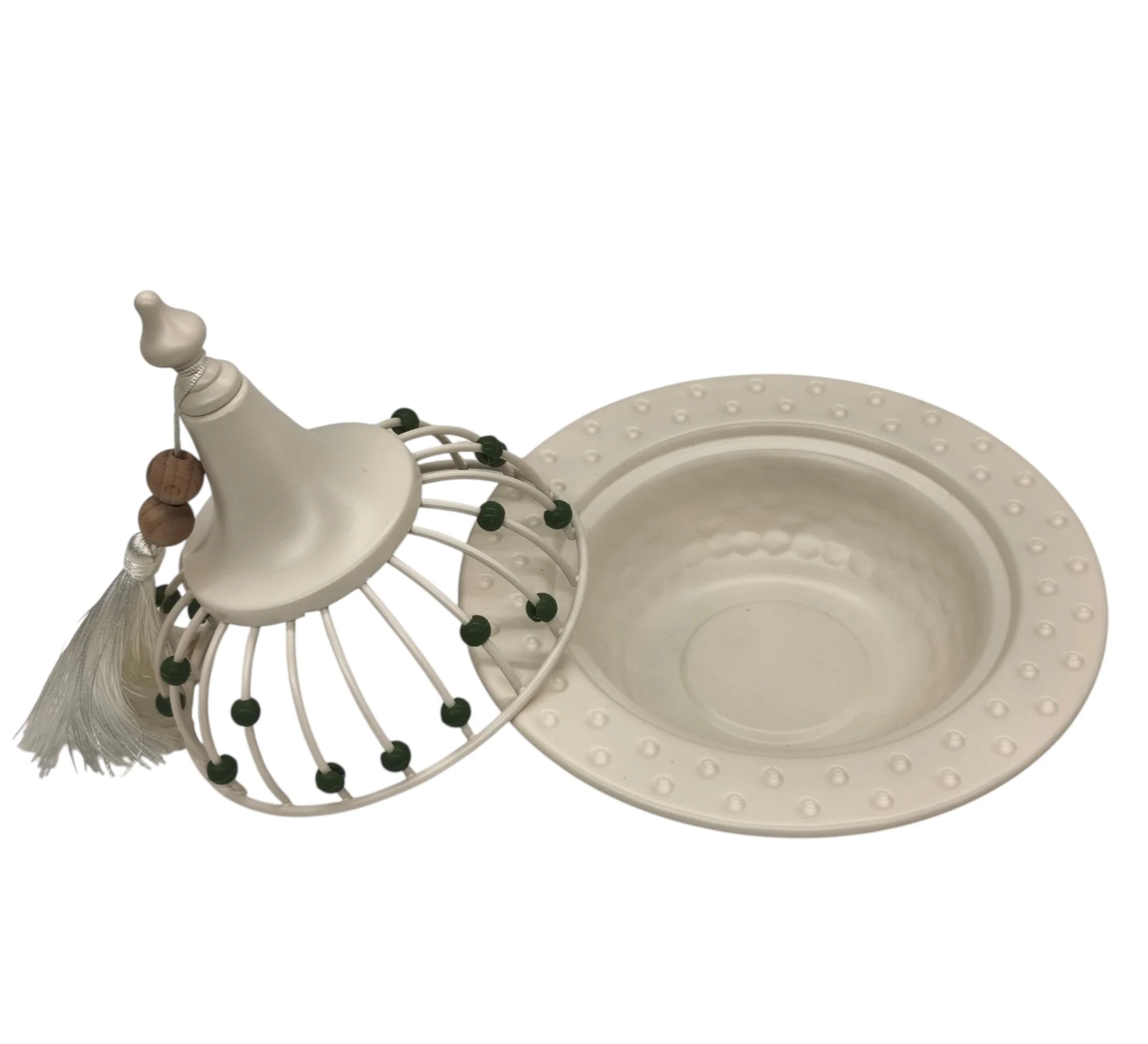 AKDC Metal Tajine with Lid 21cm*20cm, White with Green Beads - Image 2