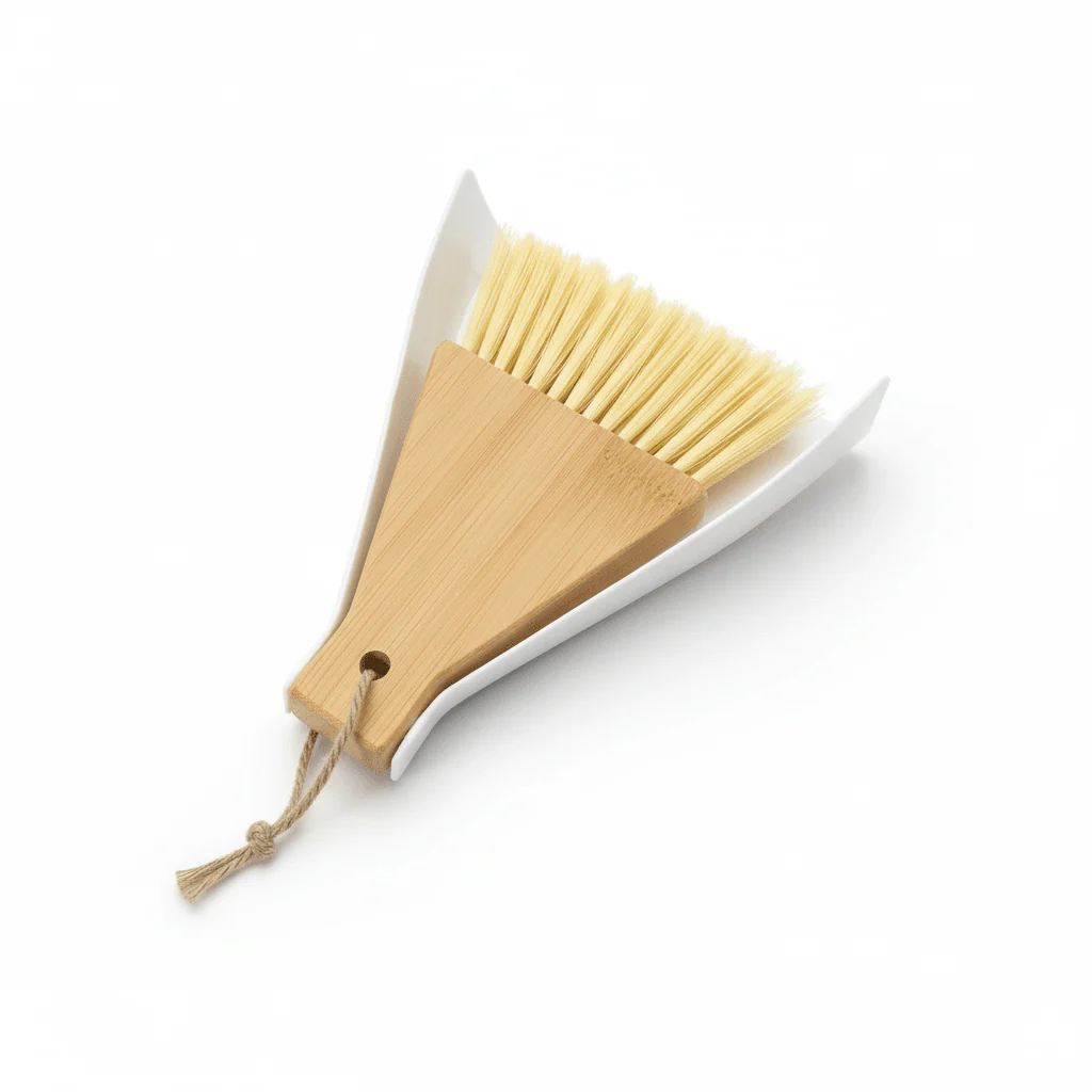 AKDC Mini Dustpan with Brush Bamboo Handle(18×14cm) – Compact Cleaning Set