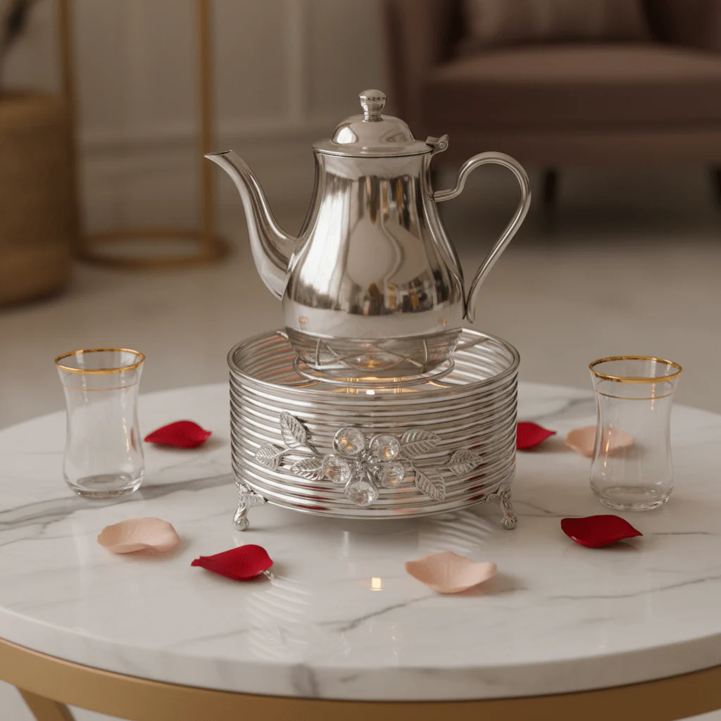 AKDC Minimalist Round Silver Metal Teapot Warmer for Tea Serving and Heat Retention – 18x8cm - Image 2