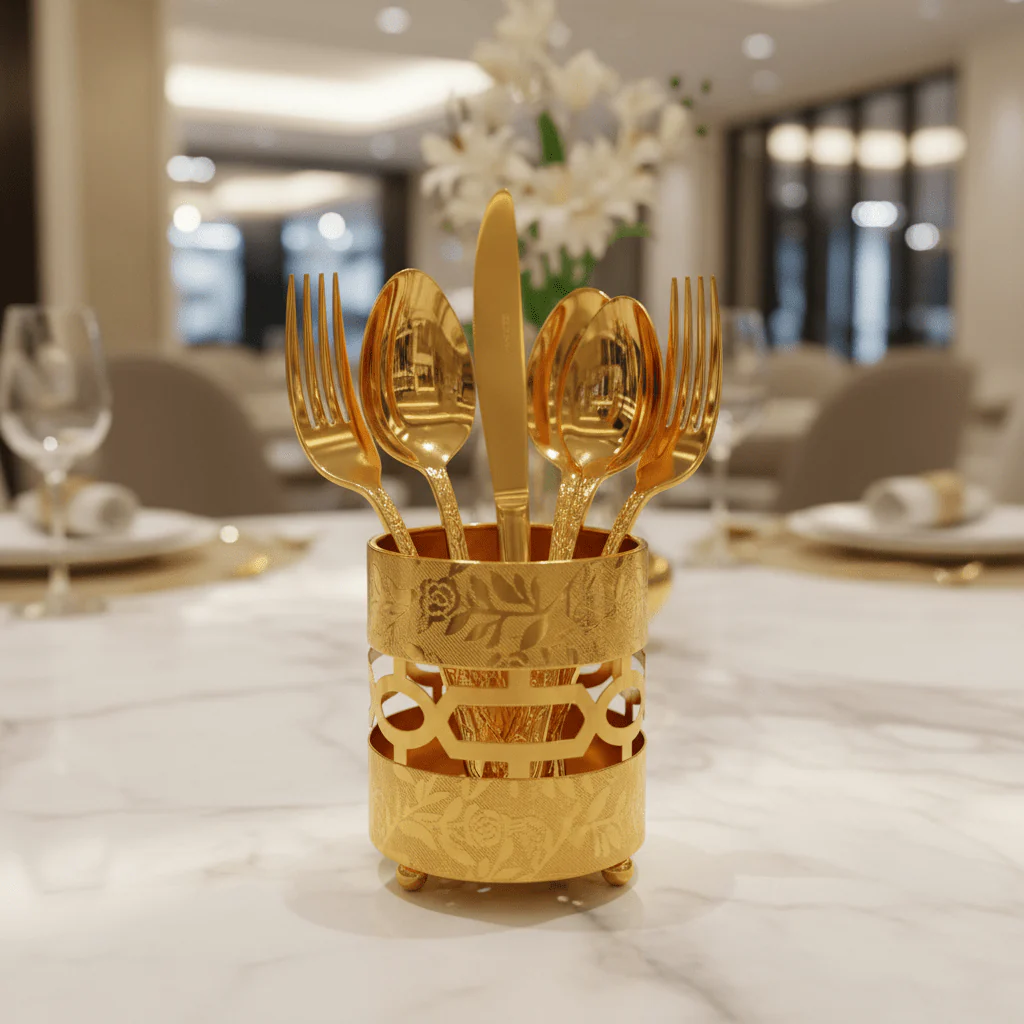 AKDC Modern Gold Metal Cutlery Holder Stand for Organized Kitchen and Dining Table – 10 cm - Image 2