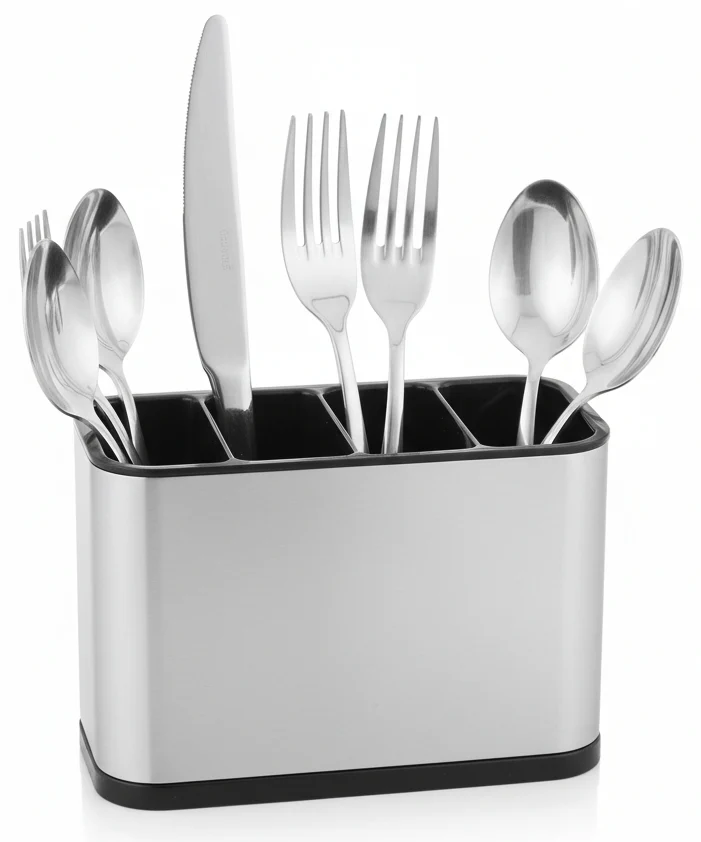 AKDC Modern Stainless Steel 4-Compartment Cutlery Holder for Spoons, Forks & Knives – Space-Efficient Countertop Organizer (180×86×130 mm)