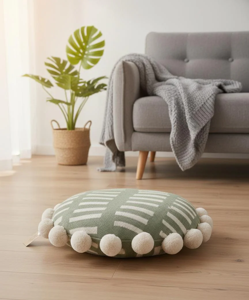 AKDC Modern Two-Tone Round Decorative Cushion – Green & Cream Cotton Upholstery, 40 cm - Image 2