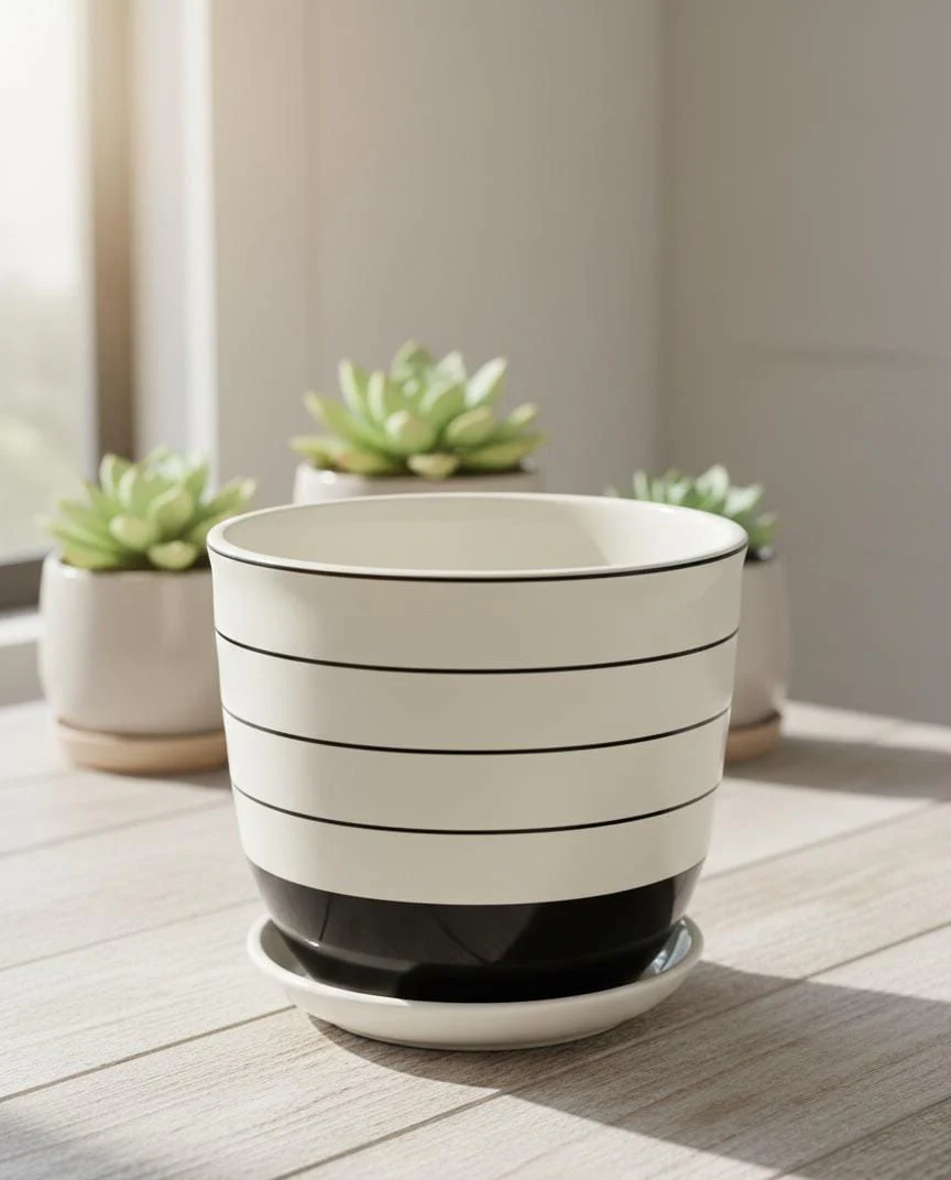 AKDC Modern White Ceramic Pot with Minimal Black Line Detailing – 15×17 cm - Image 2