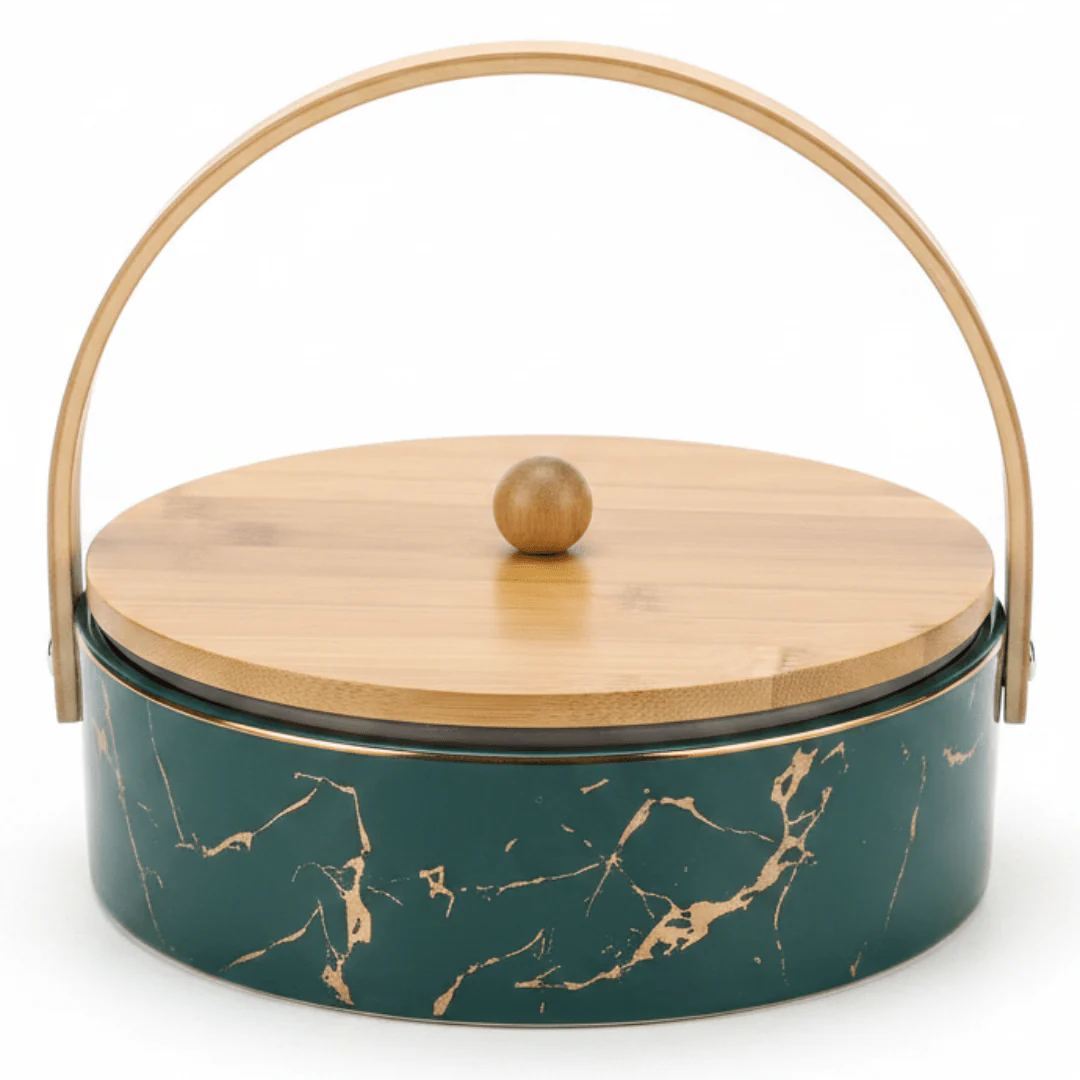 Multi-Color Ceramic Serving Tray with Wooden Handle and Lid – Versatile Serving Platter (23 cm)