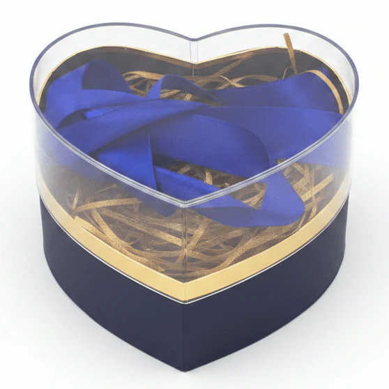 AKDC Navy Blue Heart-Shaped Cardboard Gift Box with Clear Lid & Ties for Elegant Gift Packaging, Jewelry & Keepsakes – 11×11 cm