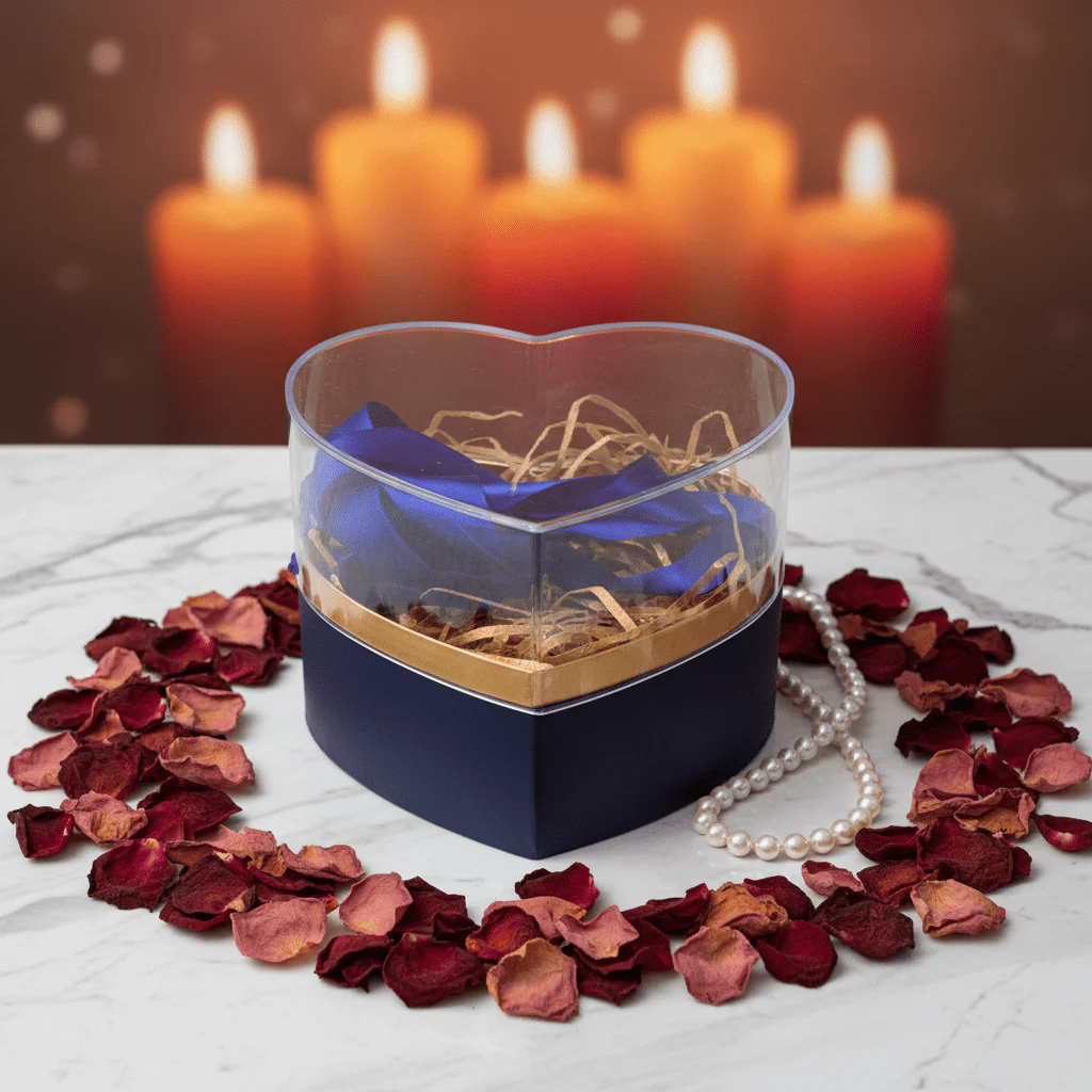 AKDC Navy Blue Heart-Shaped Cardboard Gift Box with Clear Lid & Ties for Elegant Gift Packaging, Jewelry & Keepsakes – 11×11 cm - Image 2