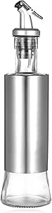 AKDC Olive Oil Dispenser Glass And Stainless Steel Bottle Drizzler Vinegar And Oil Cruet With Pourer Drip-Free Spout For Kitchen 300ml / 10Oz