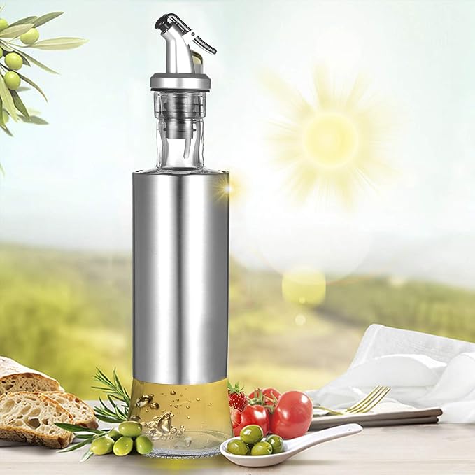 AKDC Olive Oil Dispenser Glass And Stainless Steel Bottle Drizzler Vinegar And Oil Cruet With Pourer Drip-Free Spout For Kitchen 300ml / 10Oz - Image 2