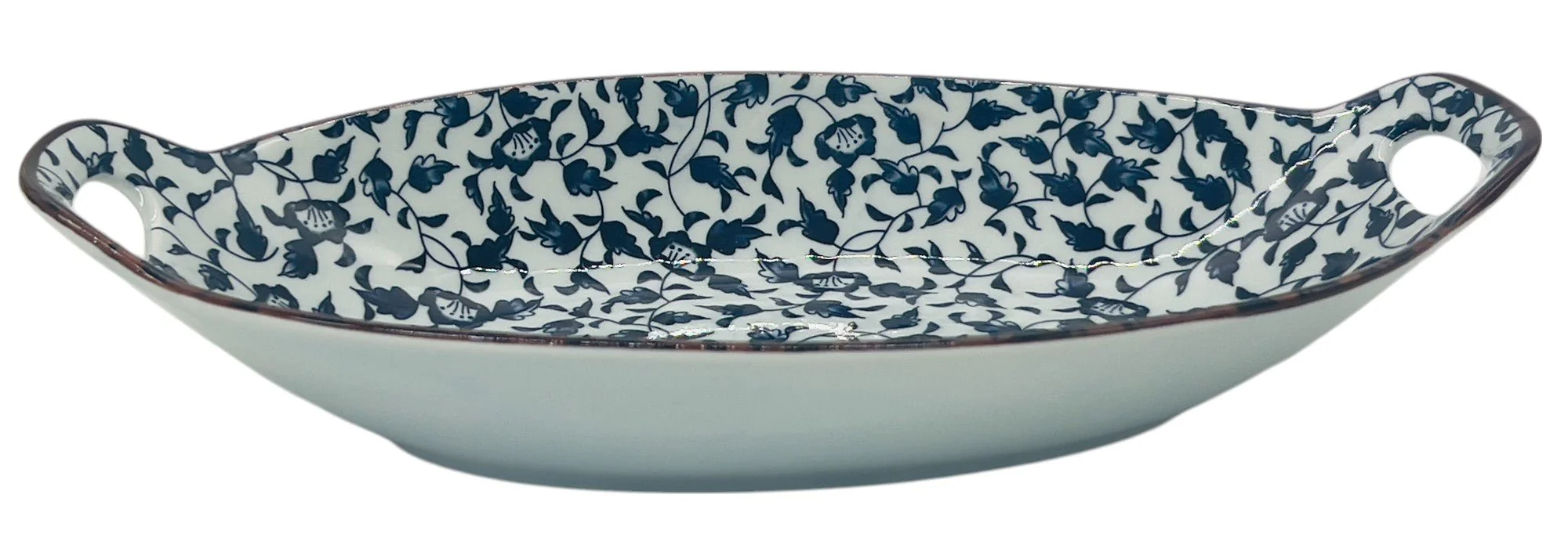 AKDC Oval Ceramic Bowl with Handle 26.5cm*15.5cm*5.5cm, White and Blue Floral Designs