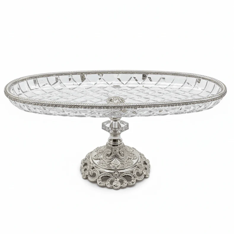 AKDC Oval Footed Silver Glass Serving Bowl 40×14 cm Premium Decorative Dish for Table Centerpiece
