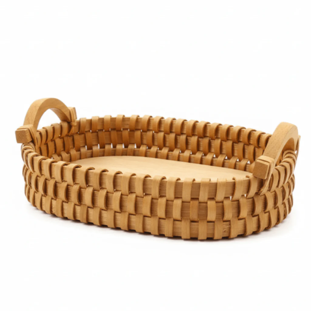 AKDC Oval Wooden Basket with Handle – Natural Brown Finish, Rustic Farmhouse Style Storage & Serving Basket, 31 × 22 × 6 cm