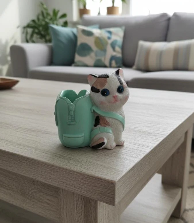 AKDC Polyresin Cat with Bag Pen Holder – White & Green Cute Animal Desk Organizer 12 cm - Image 2