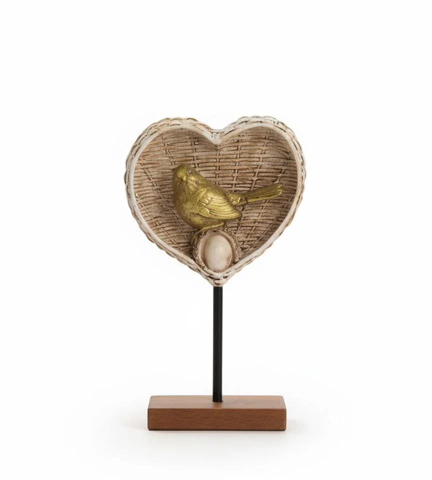 AKDC Polyresin Golden Heart Nest with Birds Figurine – Elegant Romantic Home Décor 21 cm