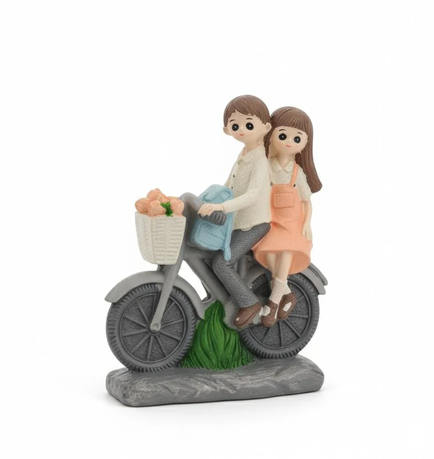 AKDC Polyresin Romantic Couple Riding Bicycle Figurine – Orange & Gray Love Décor 12 cm