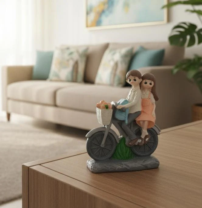 AKDC Polyresin Romantic Couple Riding Bicycle Figurine – Orange & Gray Love Décor 12 cm - Image 2