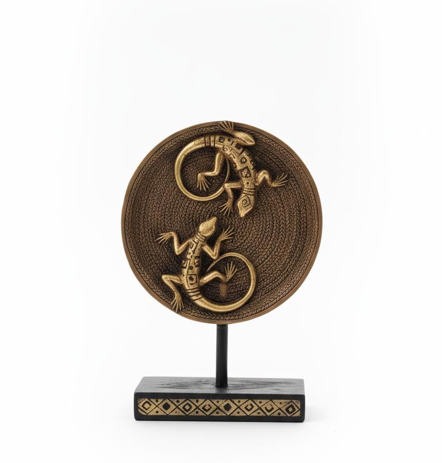 AKDC Polyresin Twin Lizards on Round Base Figurine – Gold Decorative Animal Sculpture 21 cm