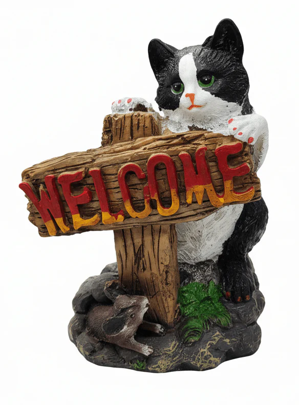 AKDC Polyresin Cat with Welcome Board Decorative Figurine – Charming Entrance & Home Décor Showpiece, 20 cm