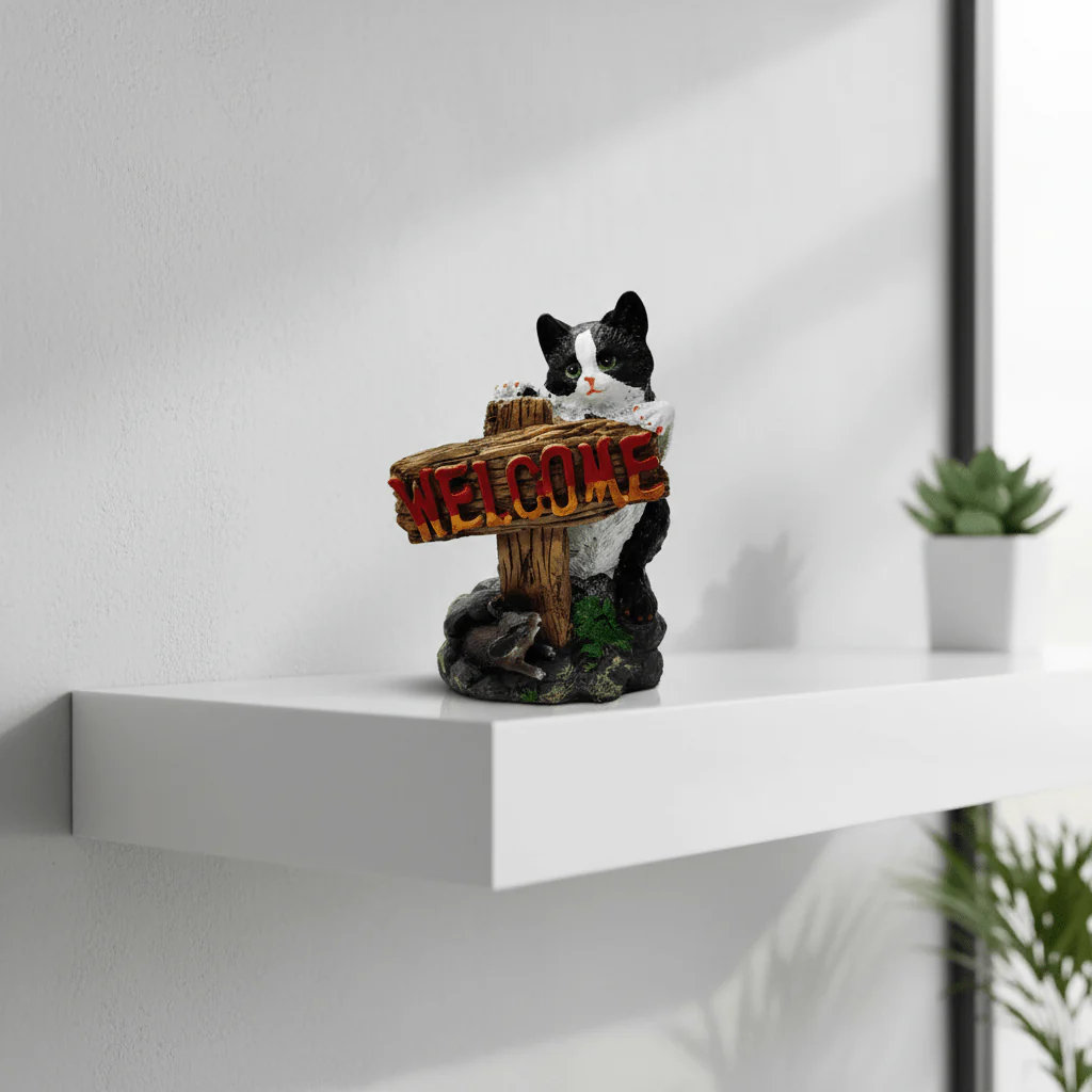 AKDC Polyresin Cat with Welcome Board Decorative Figurine – Charming Entrance & Home Décor Showpiece, 20 cm - Image 2