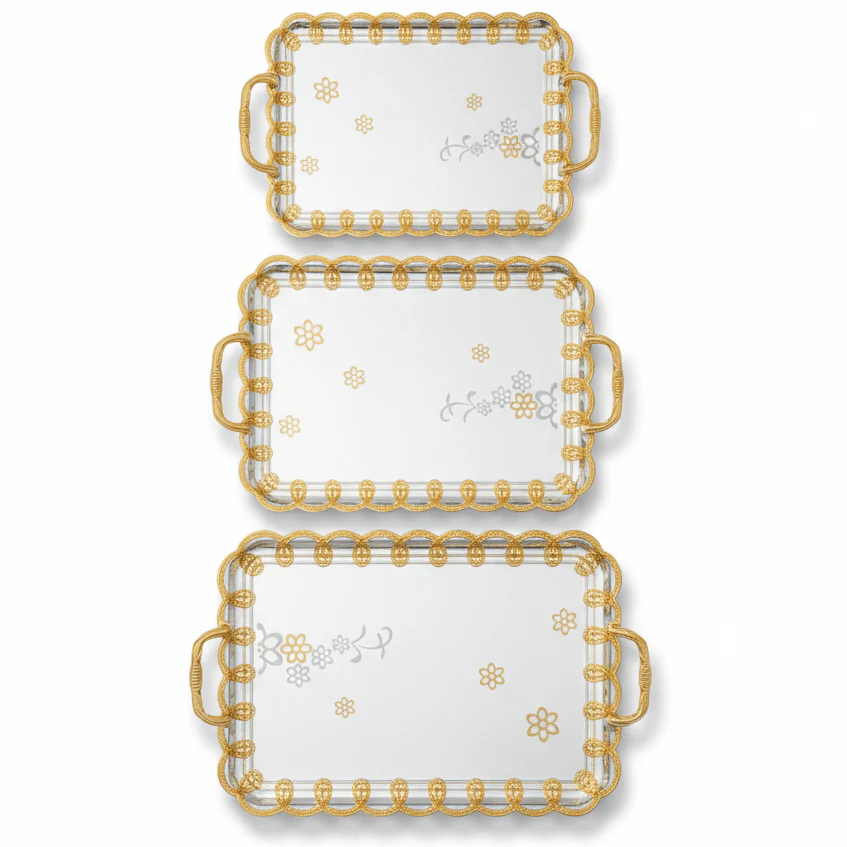 AKDC Premium 3-Piece Rectangular Silver Stainless Steel Serving Tray Set with Elegant Golden Handles, Multipurpose Serving Platters for Food Tea Coffee & Drinks – 35 x 25 cm, 41 x 28 cm, 48 x 34 cm