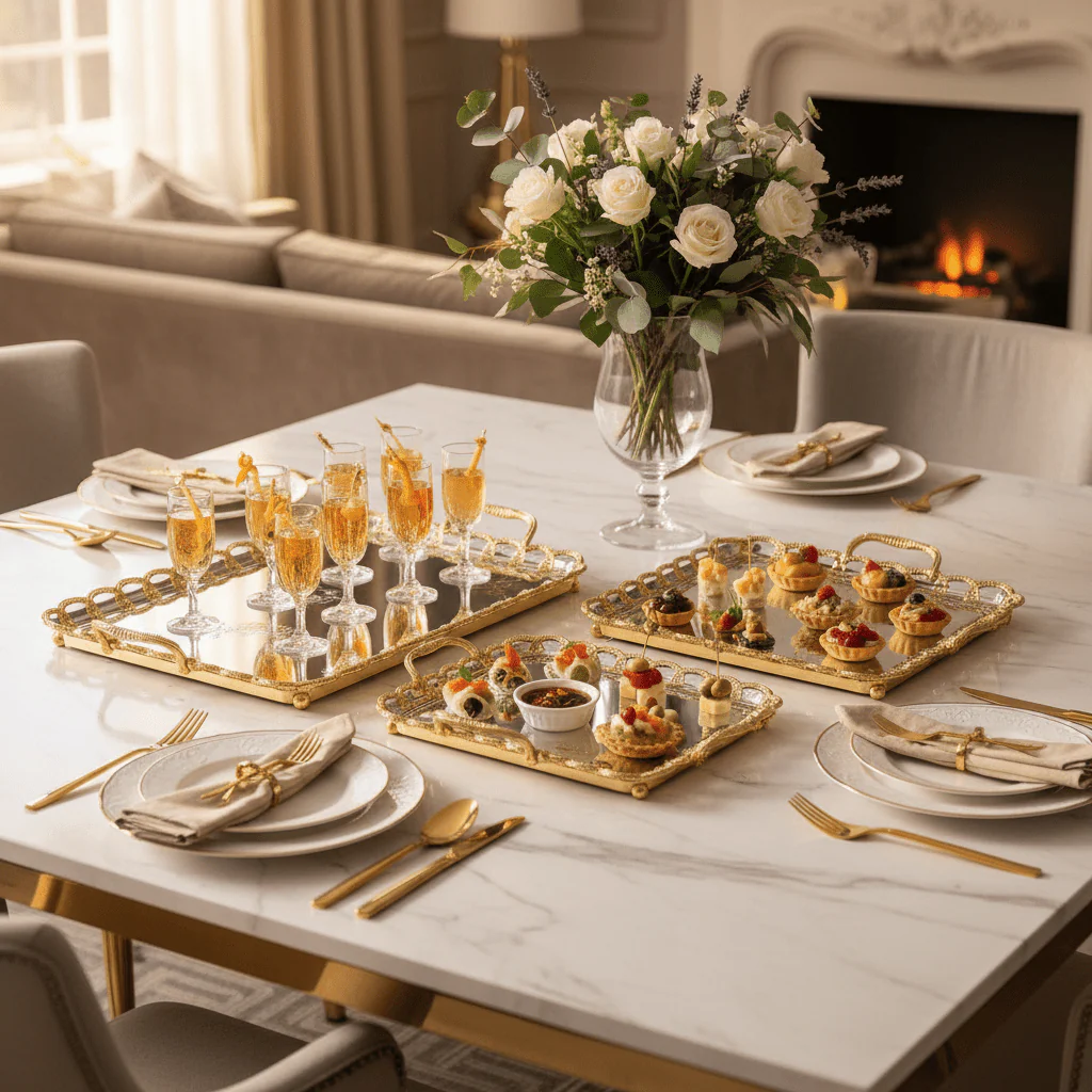 AKDC Premium 3-Piece Rectangular Silver Stainless Steel Serving Tray Set with Elegant Golden Handles, Multipurpose Serving Platters for Food Tea Coffee & Drinks – 35 x 25 cm, 41 x 28 cm, 48 x 34 cm - Image 2