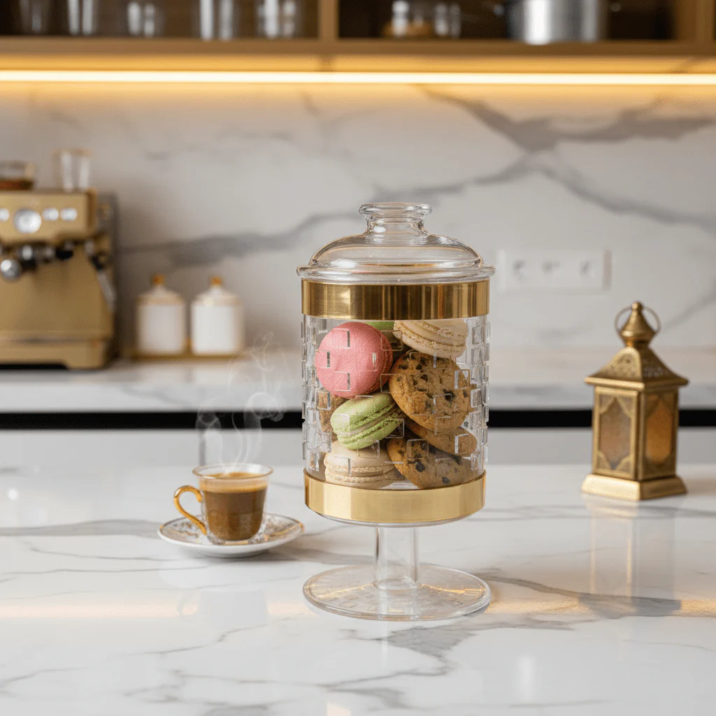 AKDC Premium Acrylic Footed Storage Canister with Decorative Gold Design and Secure Lid Clear Finish 19 × 11 cm - Image 2