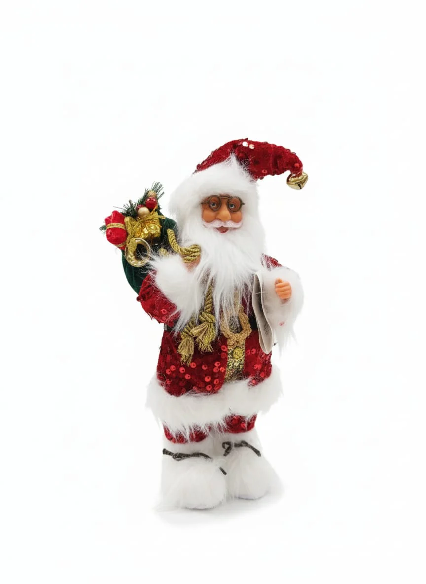 AKDC Premium Christmas Standing Santa Figurine in Sparkling Red Glitter Dress – 33 cm , Cloth With Vinyl Material
