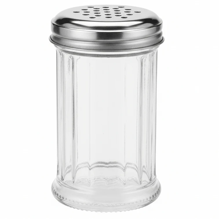 AKDC Premium Cylindrical Clear Glass Tabletop Sugar Shaker with Durable Silver Metal Lid for Kitchen Storage – 13×7cm