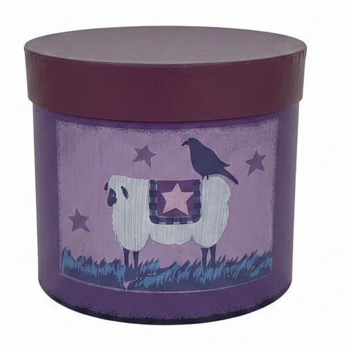 AKDC Premium Deep Purple Round Cardboard Gift Box with Primitive Sheep Design Lid for Gift Hampers, Storage & Decorative Packaging – 18.5×18.5 cm
