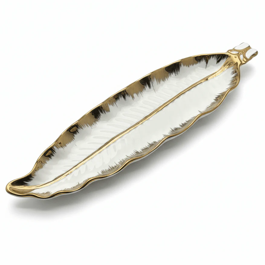 AKDC Premium Gold & White Ceramic Leaf Display Plate 40×10 cm Elegant Serving Tray for Sweets & Snacks