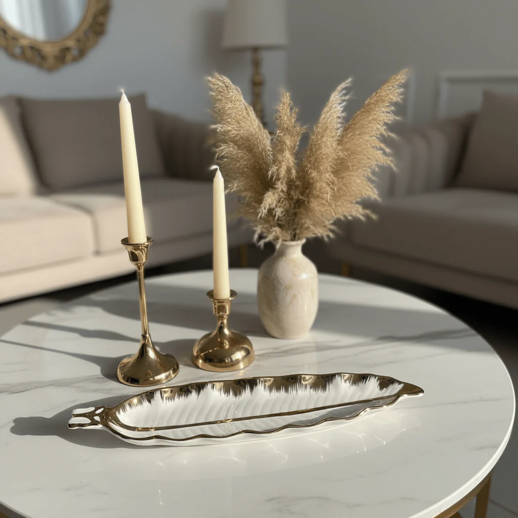 AKDC Premium Gold & White Ceramic Leaf Display Plate 40×10 cm Elegant Serving Tray for Sweets & Snacks - Image 2