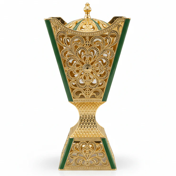 AKDC Premium Green & Gold Metal Incense Burner – Stylish Home Fragrance Burner 22 cm