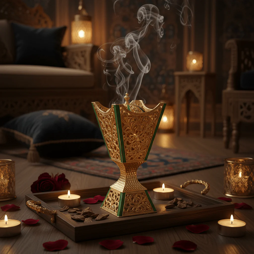 AKDC Premium Green & Gold Metal Incense Burner – Stylish Home Fragrance Burner 22 cm - Image 2