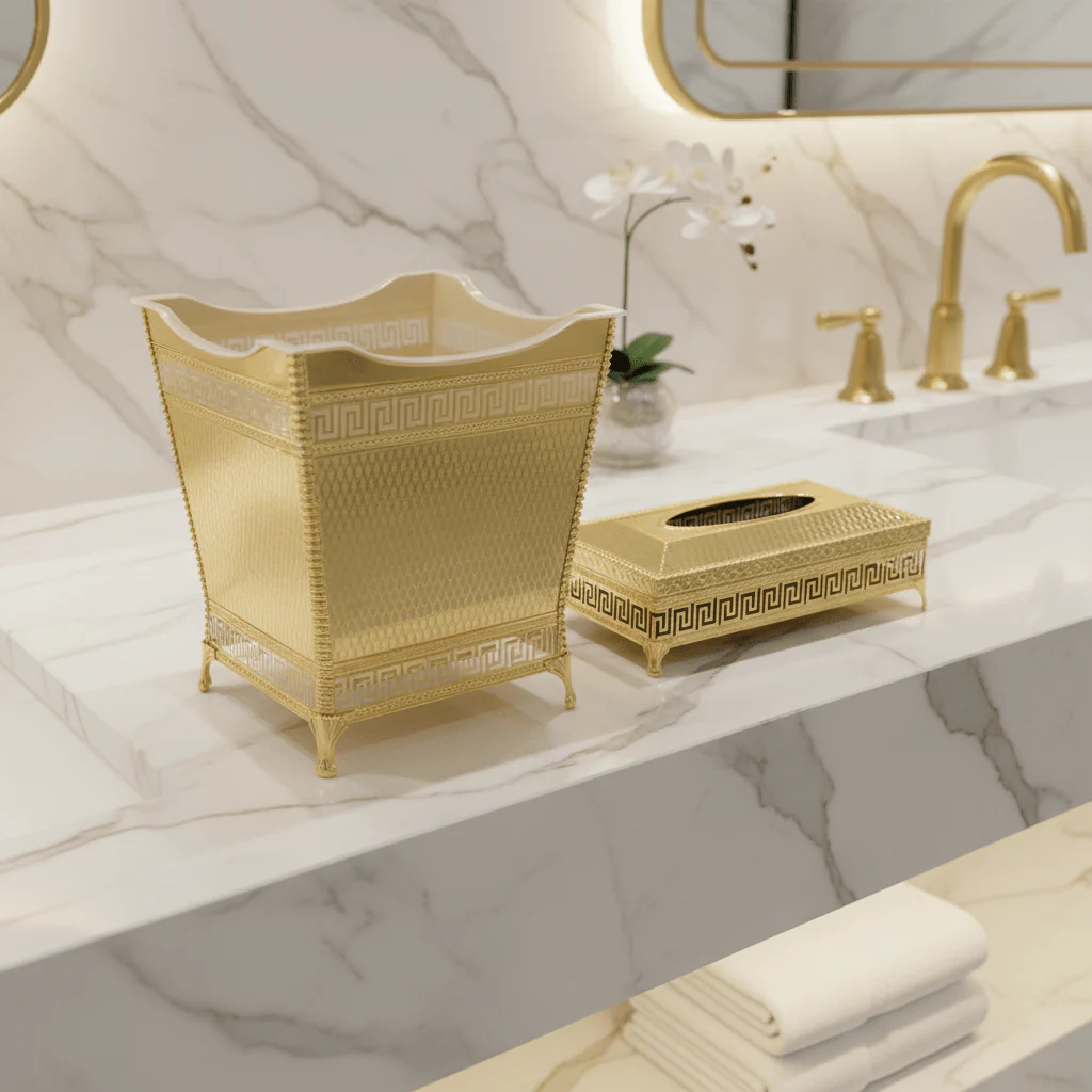 AKDC Premium Plastic Dustbin with Gold Metal Base and Tissue Box Set for Bathroom, Office and Home Décor – Dustbin 24×23×17 cm, Tissue Box 26×13 cm - Image 2