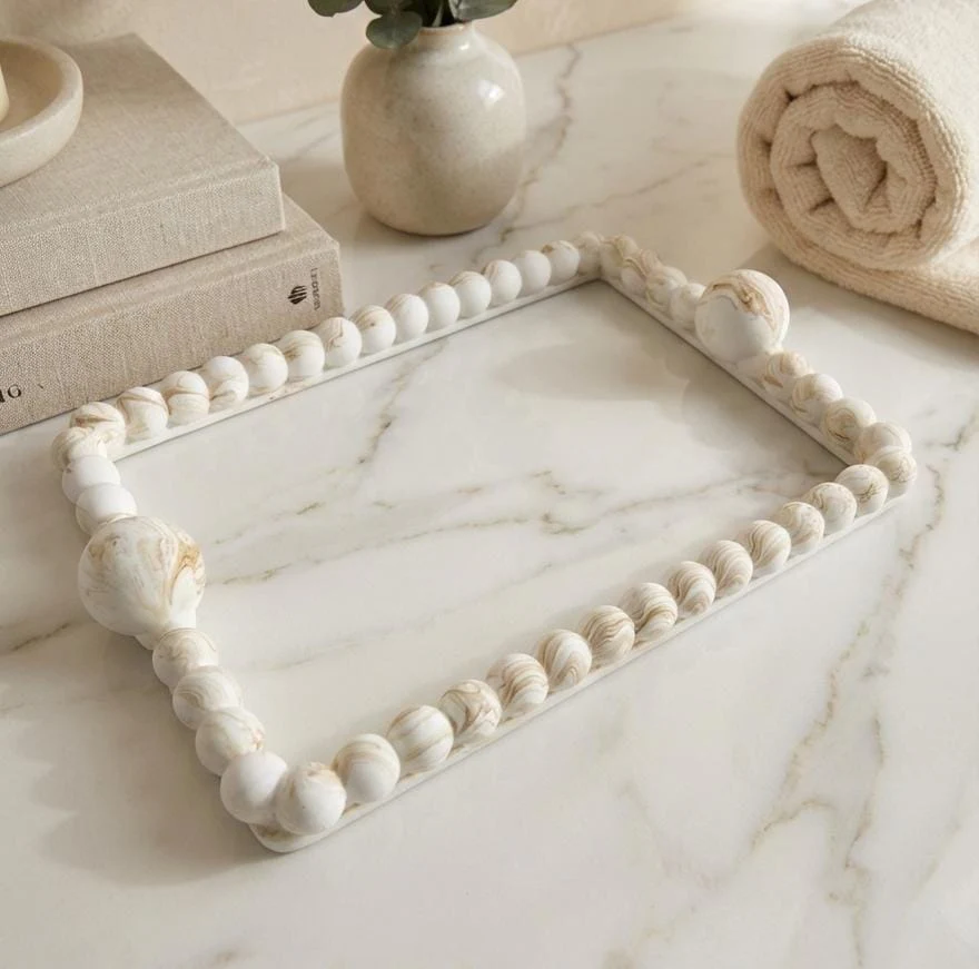 AKDC Premium Rectangular Glass Serving Tray – Elegant White Plaster of Paris Design with Luxury Gold Border (35 × 25 cm) - Image 2