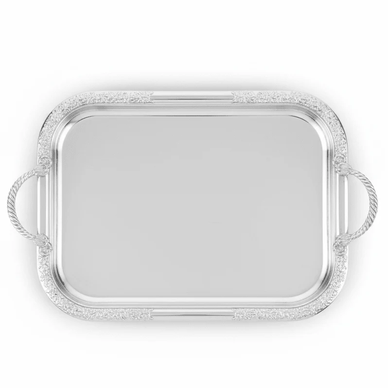 AKDC Premium Rectangular Stainless Steel Serving Tray with Strong Side Handles, Silver Finish Multipurpose Tea & Food Serving Tray for Home, Kitchen & Hotel – 38 × 30 cm