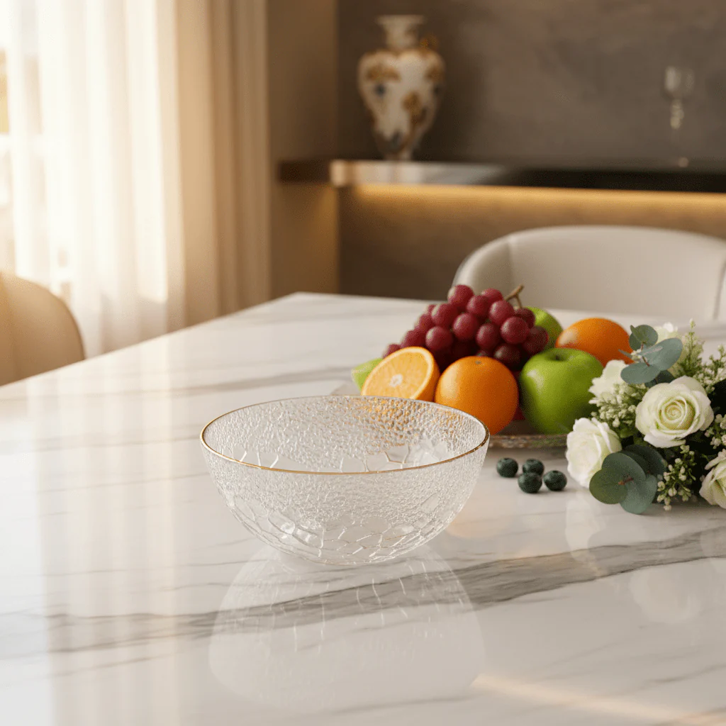 AKDC Premium Round Glass Bowl with Gold Rim – Luxury Bowl for Serving Fruits, Desserts & Snacks 16 cm - Image 2